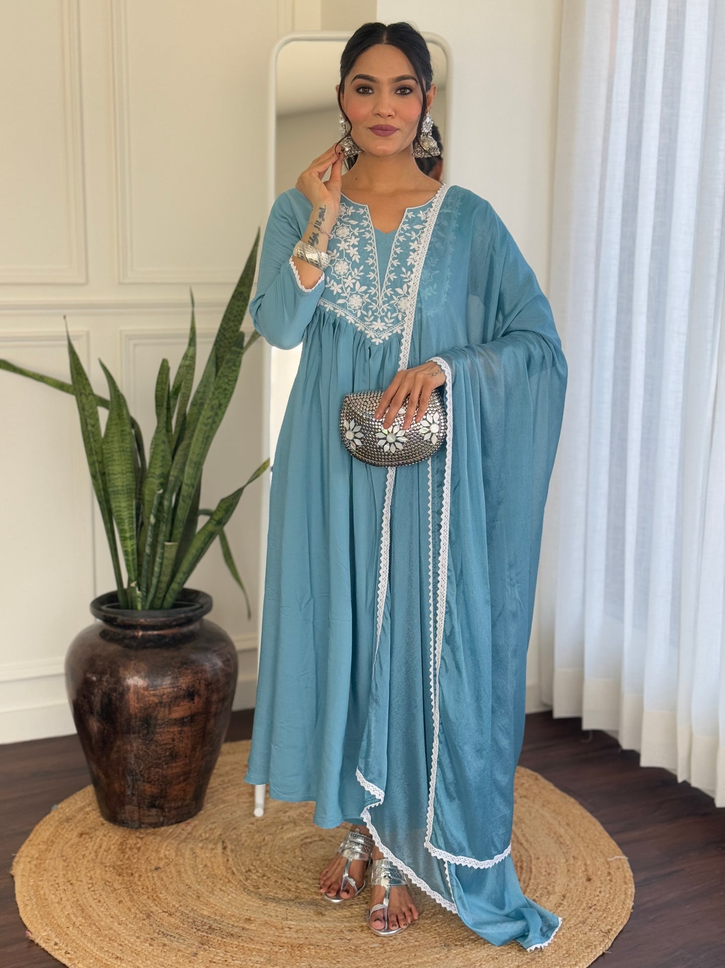 Delightful Firozi Viscose Embroidery Suit Set