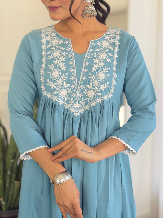 Delightful Firozi Viscose Embroidery Suit Set