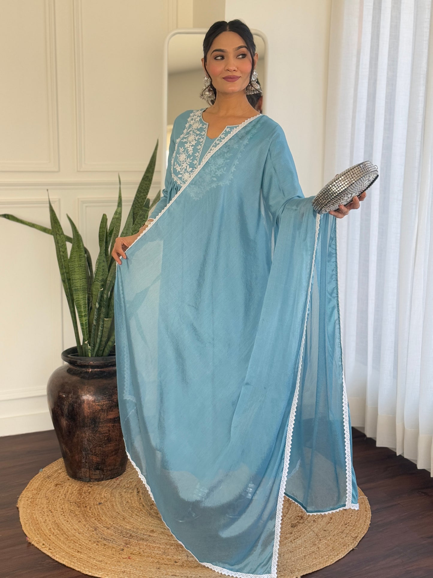 Delightful Firozi Viscose Embroidery Suit Set