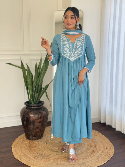 Delightful Firozi Viscose Embroidery Suit Set