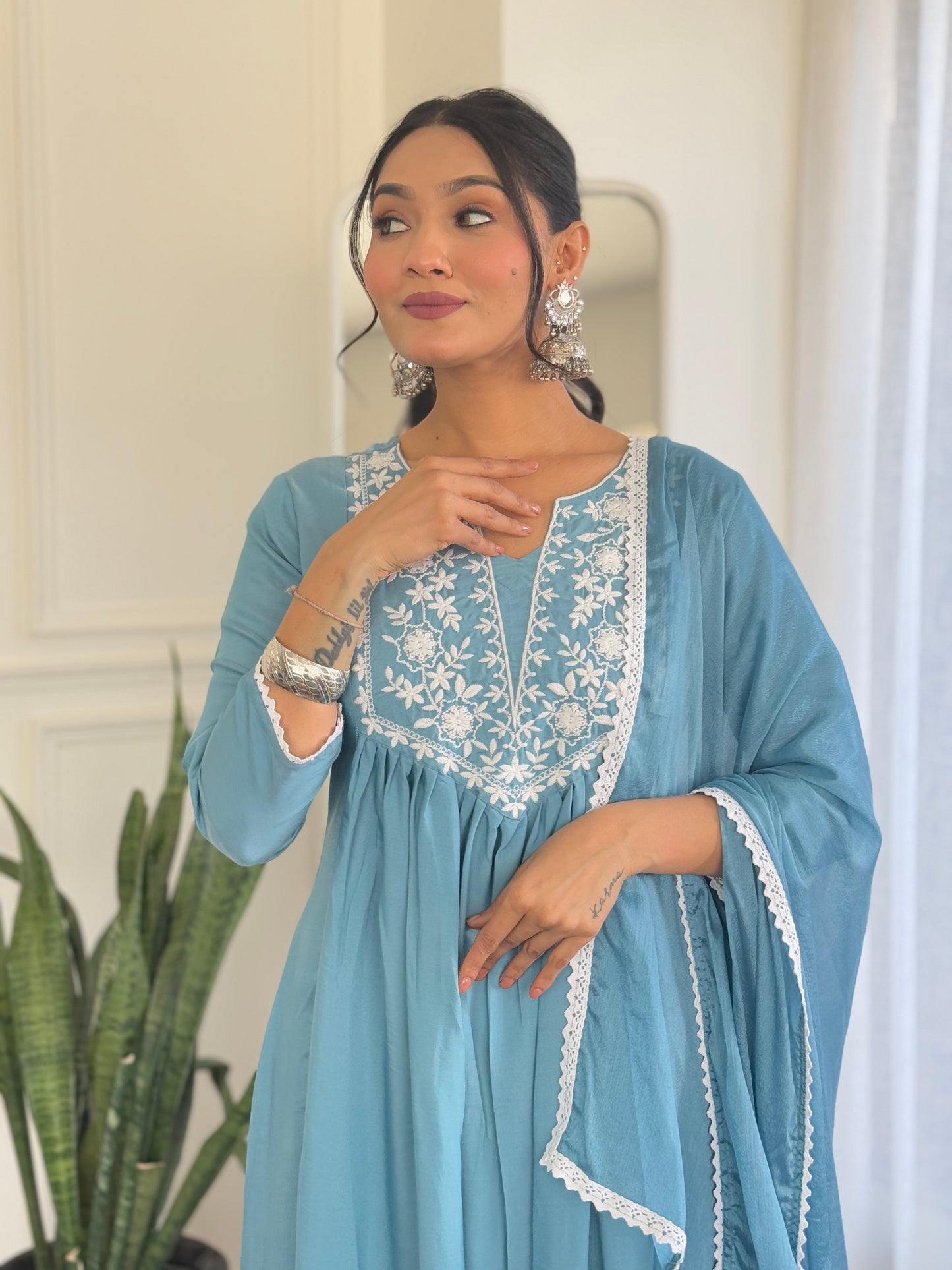 Delightful Firozi Viscose Embroidery Suit Set