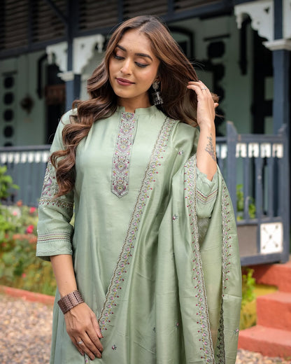 Most Stunning Maslin Silk Anarakli Embroidered Suit Set