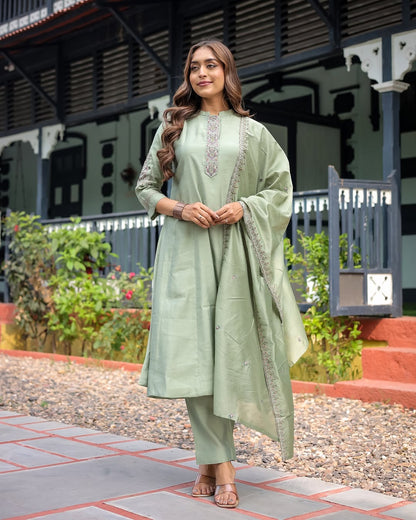 Most Stunning Maslin Silk Anarakli Embroidered Suit Set