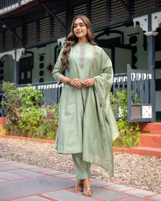 Most Stunning Maslin Silk Anarakli Embroidered Suit Set