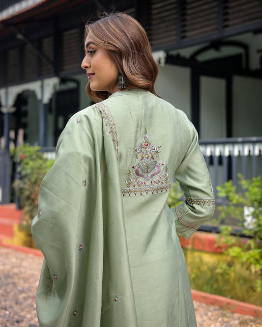 Most Stunning Maslin Silk Anarakli Embroidered Suit Set
