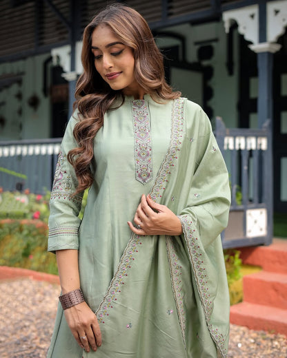 Most Stunning Maslin Silk Anarakli Embroidered Suit Set