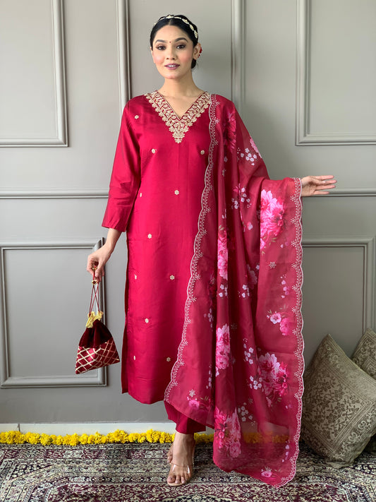 Beautiful Chanderi Silk Embroidary Suit Set