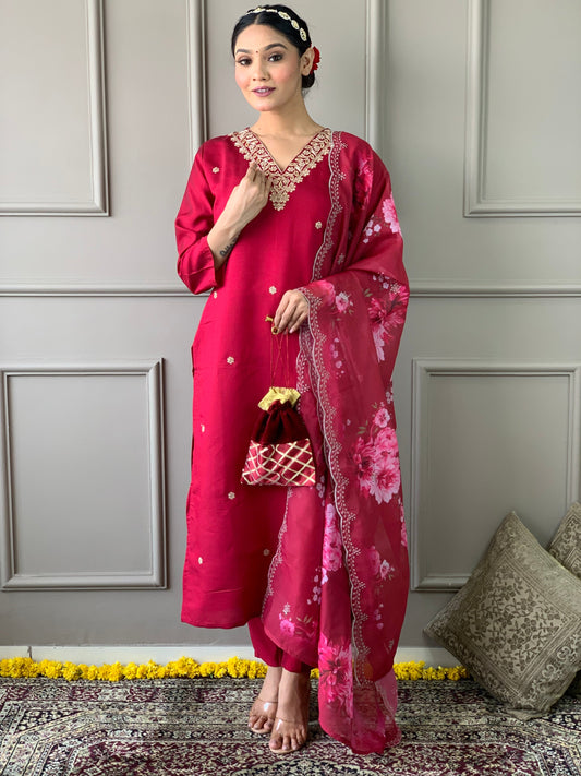 Beautiful Chanderi Silk Embroidary Suit Set
