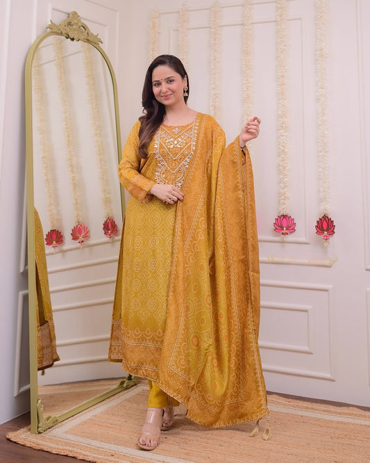 Most Graceful Pure Muslin Yellow Embroidary Suit Set