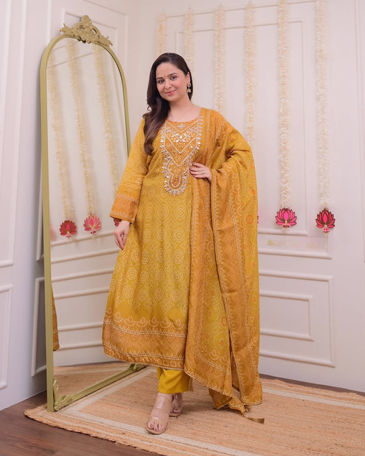 Most Graceful Pure Muslin Yellow Embroidary Suit Set