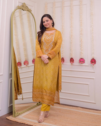 Most Graceful Pure Muslin Yellow Embroidary Suit Set