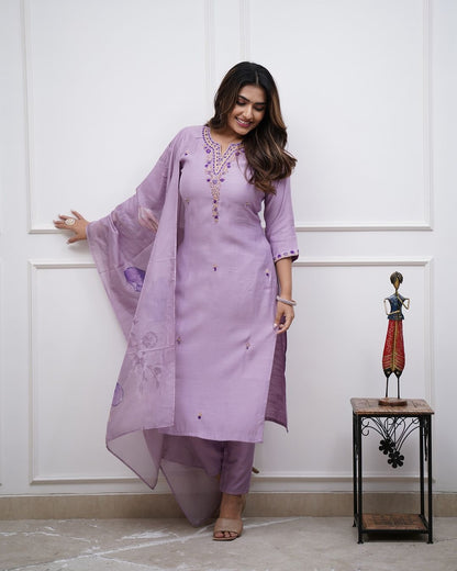 Quintessential Lavander Rayon Suit Set With Embroidary Work
