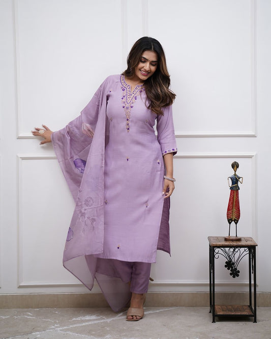 Quintessential Lavander Rayon Suit Set With Embroidary Work