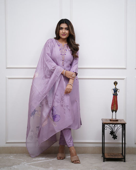 Quintessential Lavander Rayon Suit Set With Embroidary Work