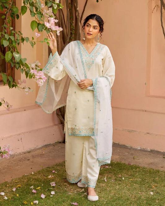 Most Beautiful Pure Chanderi Embroidered Suit Set