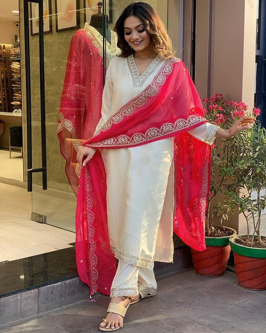 Sensational White Trending Viscose Chanderi Embroidary Suit Set