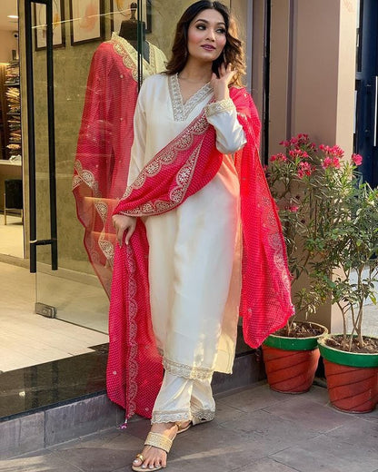 Sensational White Trending Viscose Chanderi Embroidary Suit Set