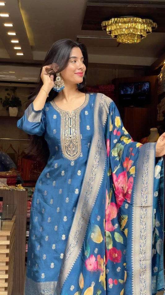 Fantastic Blue Weaving Cotton Suit Set With Jaquard Dupatta