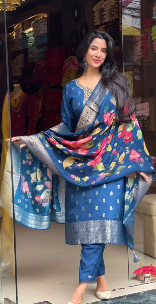Fantastic Blue Weaving Cotton Suit Set With Jaquard Dupatta