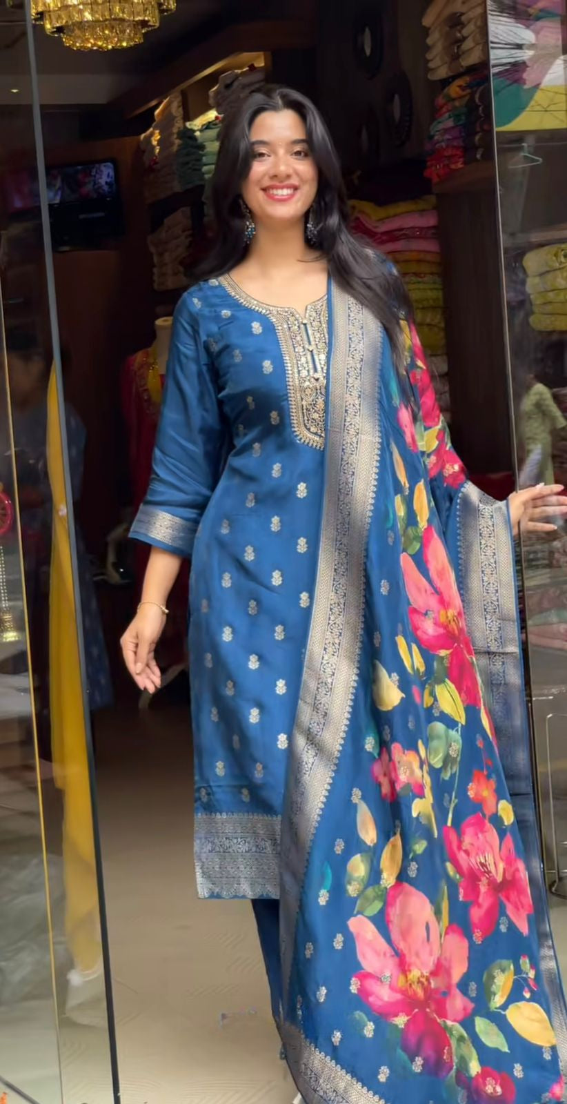 Fantastic Blue Weaving Cotton Suit Set With Jaquard Dupatta