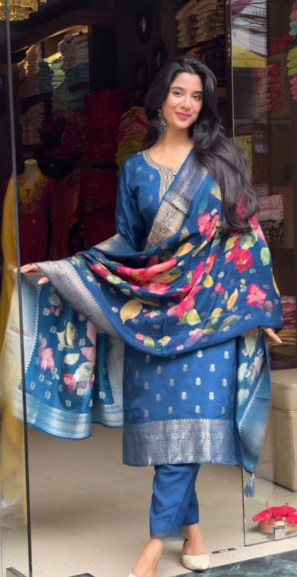 Fantastic Blue Weaving Cotton Suit Set With Jaquard Dupatta