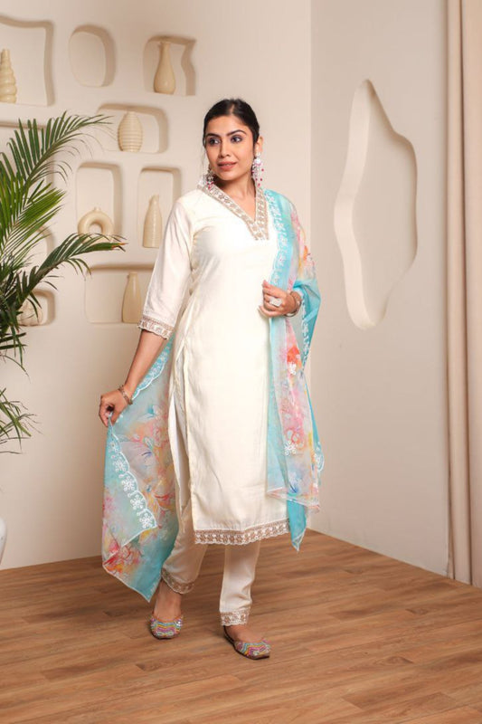 Elision White Chanderi Cotton Emboridery Suit Set