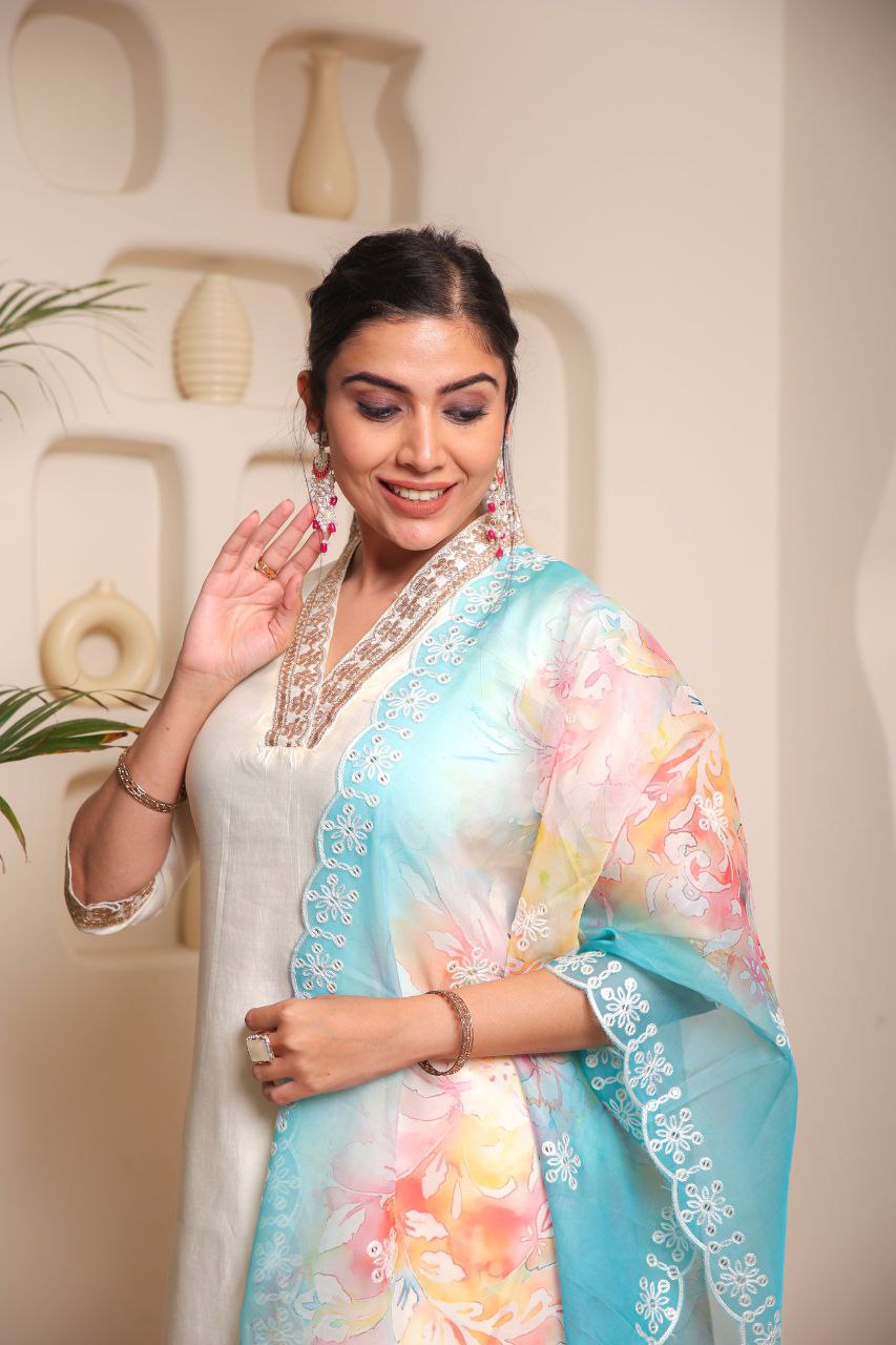 Elision White Chanderi Cotton Emboridery Suit Set
