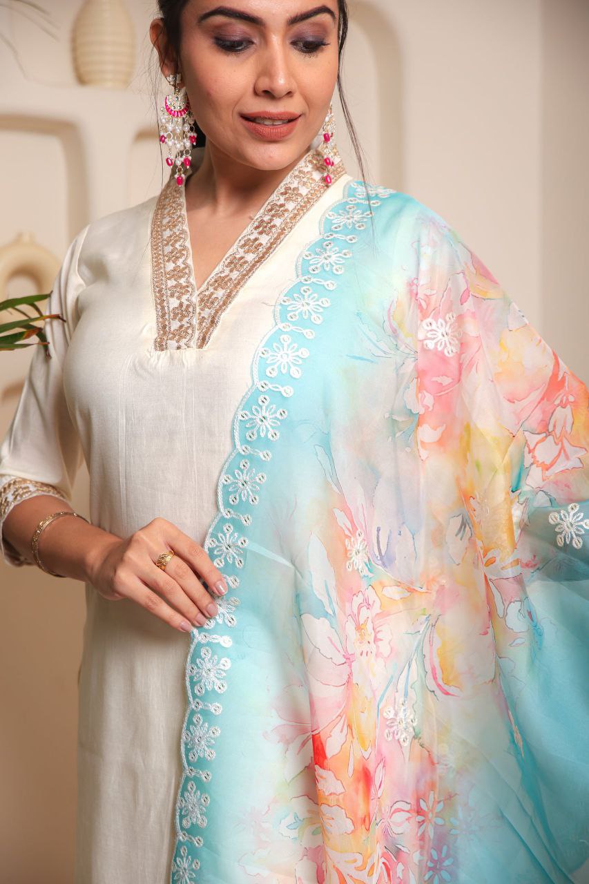 Elision White Chanderi Cotton Emboridery Suit Set