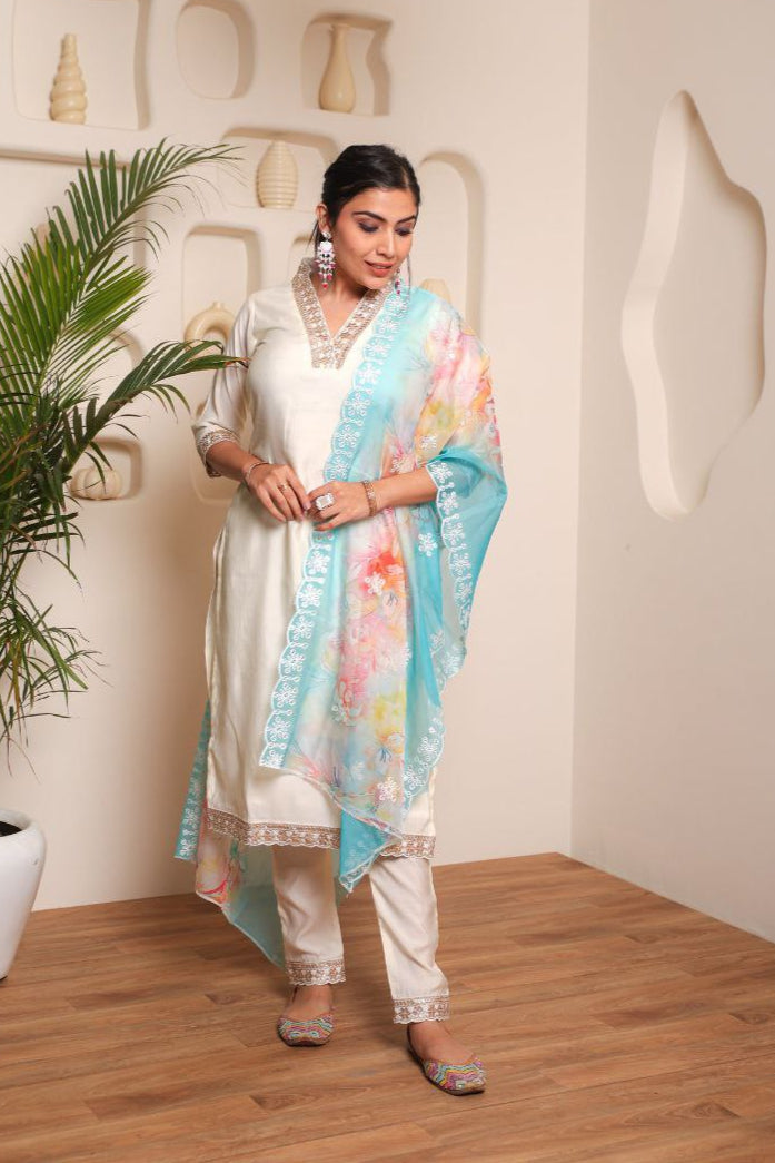 Elision White Chanderi Cotton Emboridery Suit Set