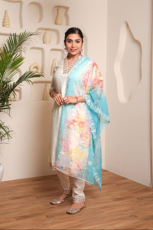 Elision White Chanderi Cotton Emboridery Suit Set