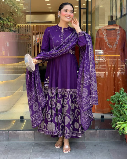Elegant Pure Muslin Anarkali Style Suit Set