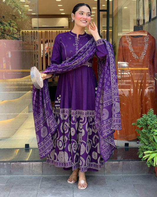 Elegant Pure Muslin Anarkali Style Suit Set