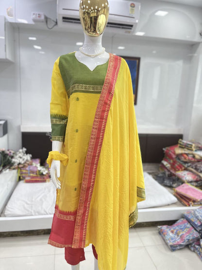 Elegant Kanchi Cotton Suit Set With Jaquard Dupatta