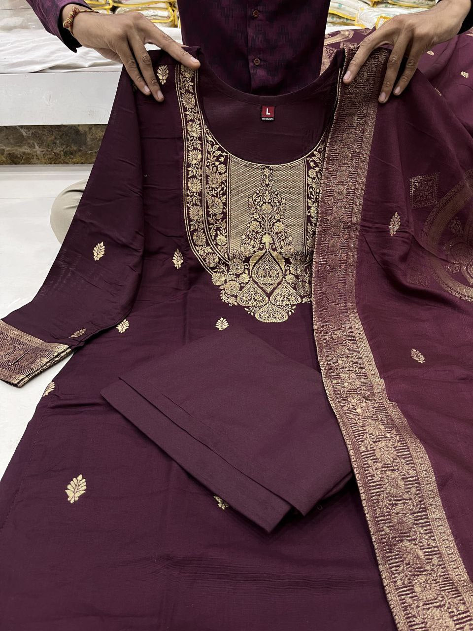 Groovy Wine Pure Heavy Designer Chanderi Silk Suit Set