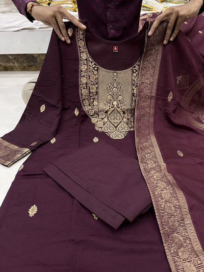 Groovy Wine Pure Heavy Designer Chanderi Silk Suit Set
