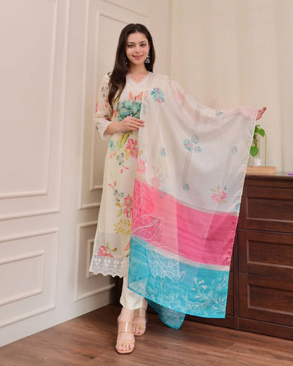 Most Charming Organza Suit Set With HandWork