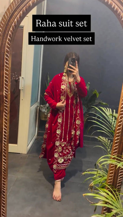 Beautiful Trendy Velvet Kurti Pent With Dupatta Heavy Work