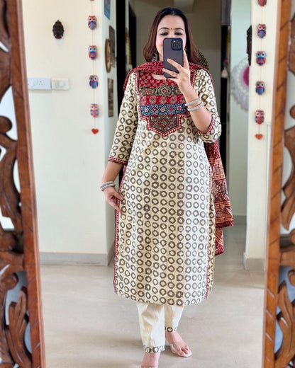 Trending Ajarakh White Pure Muslin Suit Set
