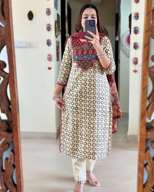 Trending Ajarakh White Pure Muslin Suit Set