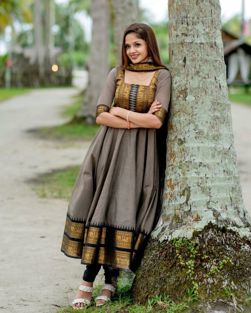 Most Sophisticated Banana Silk Anarkali Style Suit Set
