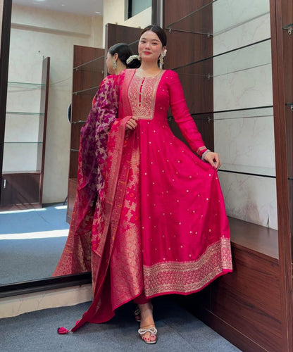 Most Pleasing Banana Silk Anarkali Style Suit Set