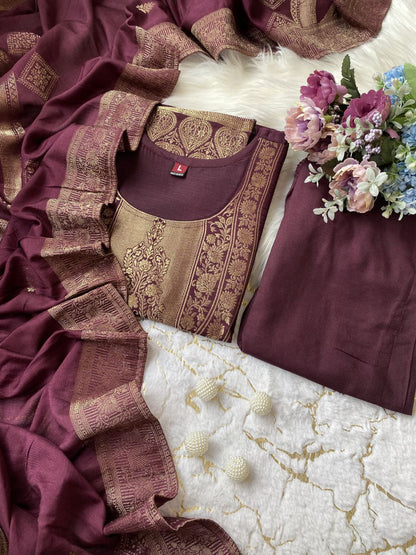 Groovy Wine Pure Heavy Designer Chanderi Silk Suit Set