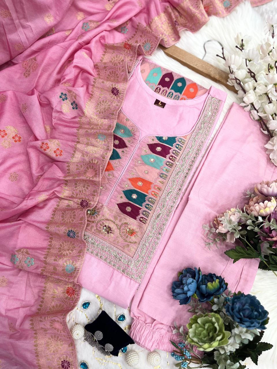 Pink Panther Most Trending Banana Silk Jequard Suit Set