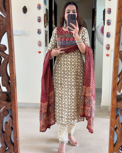 Trending Ajarakh White Pure Muslin Suit Set