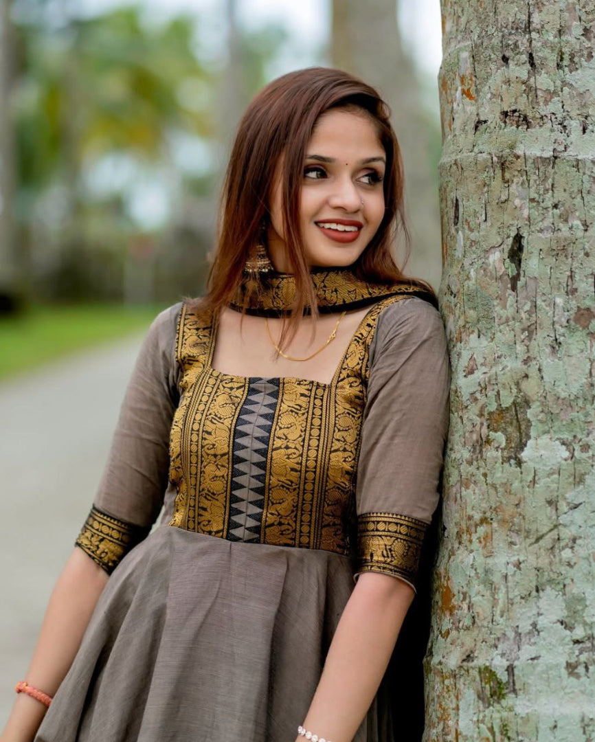 Most Sophisticated Banana Silk Anarkali Style Suit Set