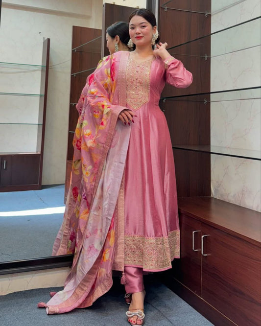 Most Magnificent Banana Silk Anarkali Style Suit Set
