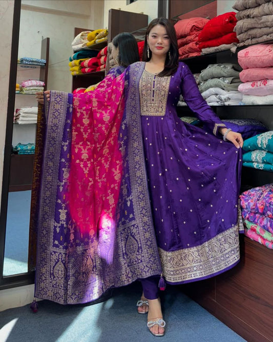 Most Attractive Banana Silk Anarkali Style Suit Set