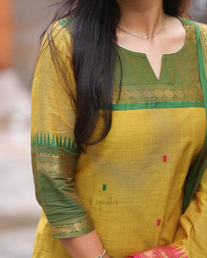 Elegant Kanchi Cotton Suit Set With Jaquard Dupatta