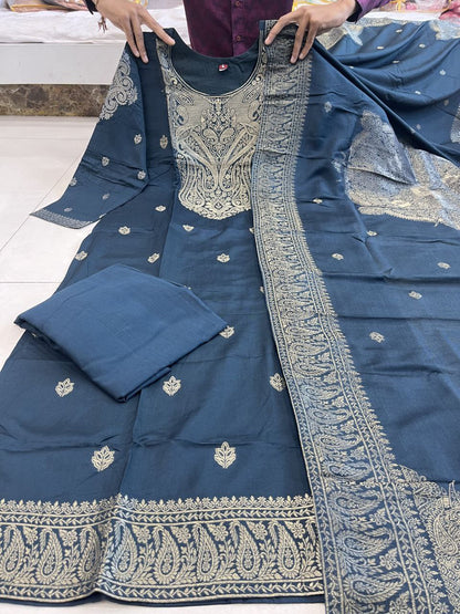 Groovy Blue Pure Heavy Designer Chanderi Silk Suit Set