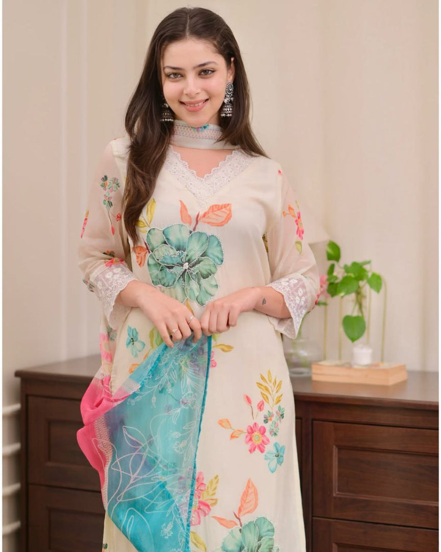 Most Charming Organza Suit Set With HandWork